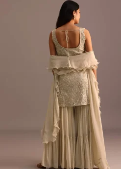 Beige Embroidered Sharara Set With Dupatta
