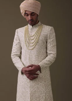 Beige Embroidered Sherwani Set In Linen With Resham And Threadwork