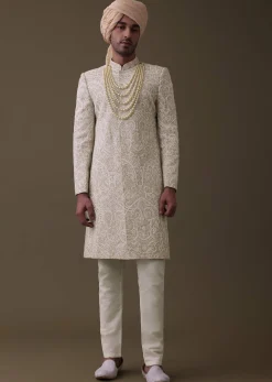 Beige Embroidered Sherwani Set In Linen With Resham And Threadwork