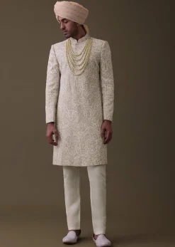 Beige Embroidered Sherwani Set In Linen With Resham And Threadwork
