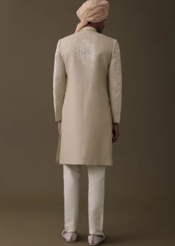Beige Embroidered Sherwani Set In Linen With Resham And Threadwork