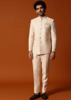 Beige Embroidered Silk Jodhpuri Suit For Men