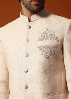 Beige Embroidered Silk Jodhpuri Suit For Men