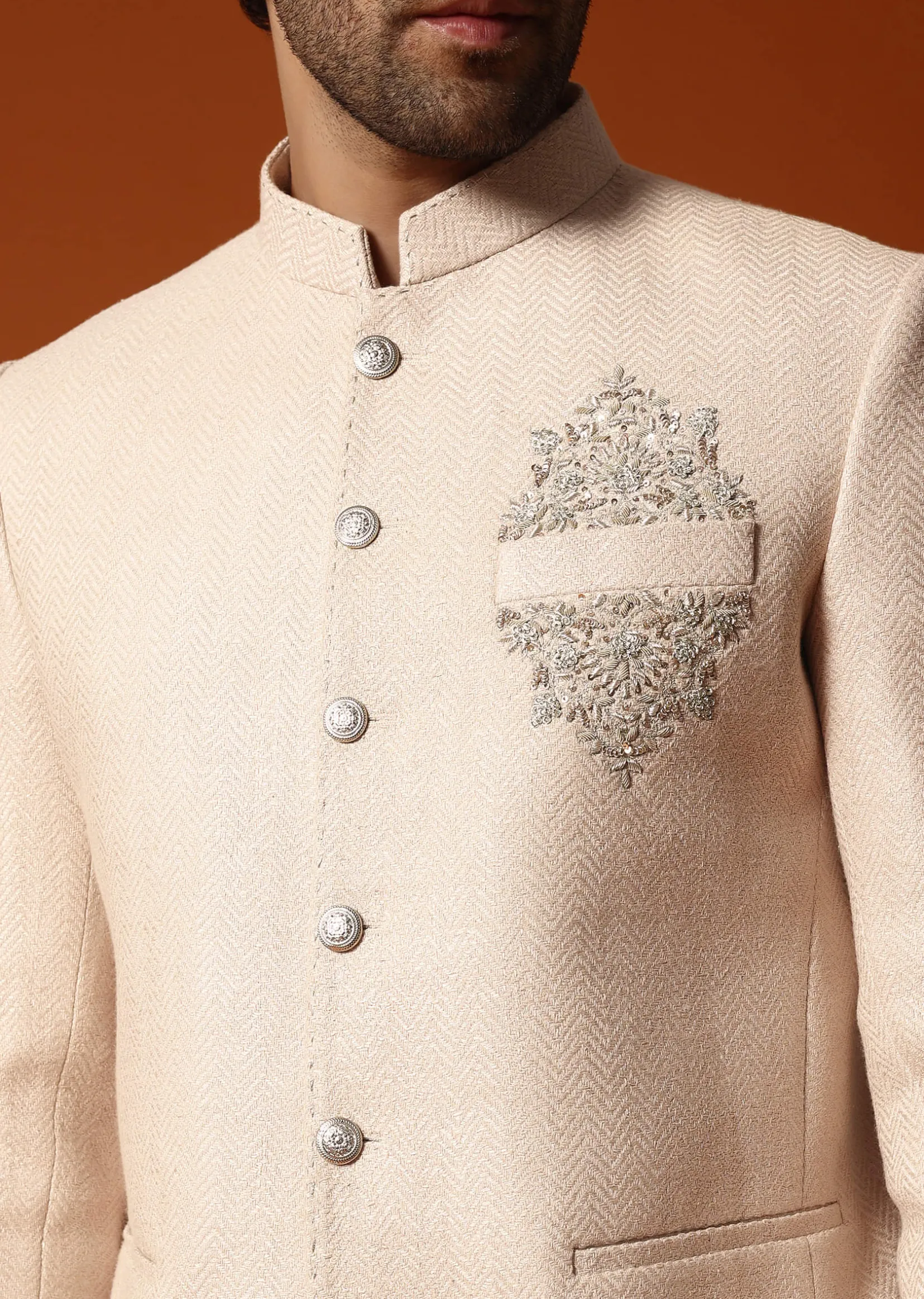 Beige Embroidered Silk Jodhpuri Suit For Men