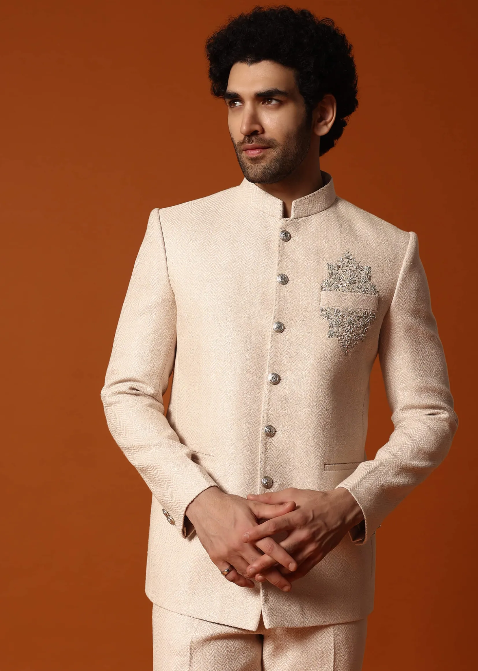 Beige Embroidered Silk Jodhpuri Suit For Men