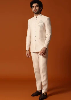 Beige Embroidered Silk Jodhpuri Suit For Men