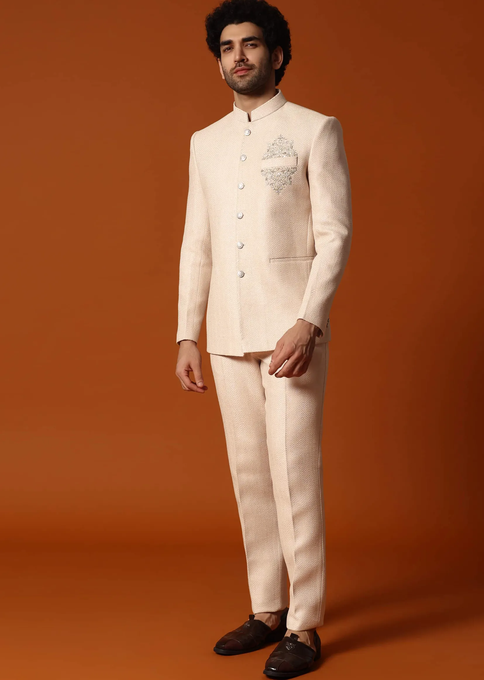 Beige Embroidered Silk Jodhpuri Suit For Men