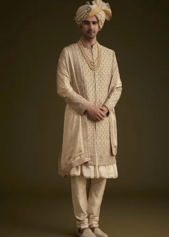 Beige Fawn Silk Sherwani Set With Embellished Dupatta Border