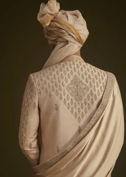 Beige Fawn Silk Sherwani Set With Embellished Dupatta Border