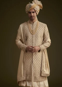 Beige Fawn Silk Sherwani Set With Embellished Dupatta Border