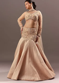 Beige Fish Cut Lehenga With Embroidered Yoke Blouse And Choker Dupatta