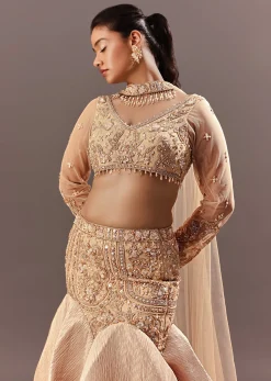 Beige Fish Cut Lehenga With Embroidered Yoke Blouse And Choker Dupatta