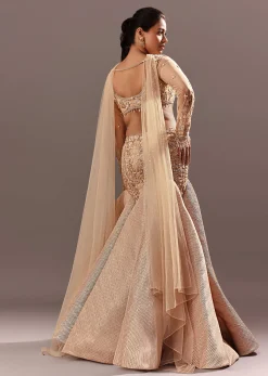 Beige Fish Cut Lehenga With Embroidered Yoke Blouse And Choker Dupatta