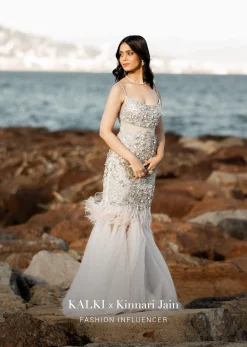 Beige Fish-Cut Gown With 3D Feathers And Floral Motif Embroidery