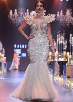 Beige Fish-Cut Gown With 3D Patchwork Detail
