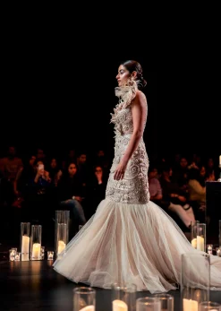 Beige Fish-Cut Gown With 3D Patchwork Detail
