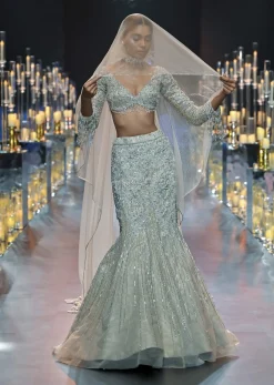 Beige Fish-Cut Lehenga And Blouse With Crystal Tassels