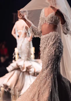 Beige Fish-Cut Lehenga And Blouse With Crystal Tassels