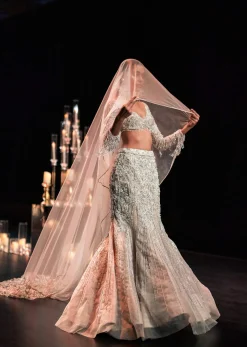 Beige Fish-Cut Lehenga And Blouse With Crystal Tassels