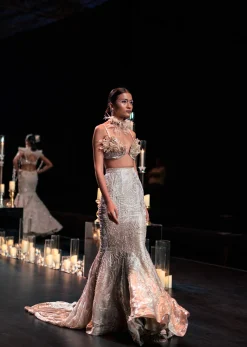 Beige Fish-Cut Lehenga And Blouse Set In Art Silk With 3D Patchwork Detail