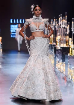 Beige Fish-Cut Lehenga And Cape Set With Crystal Tassels