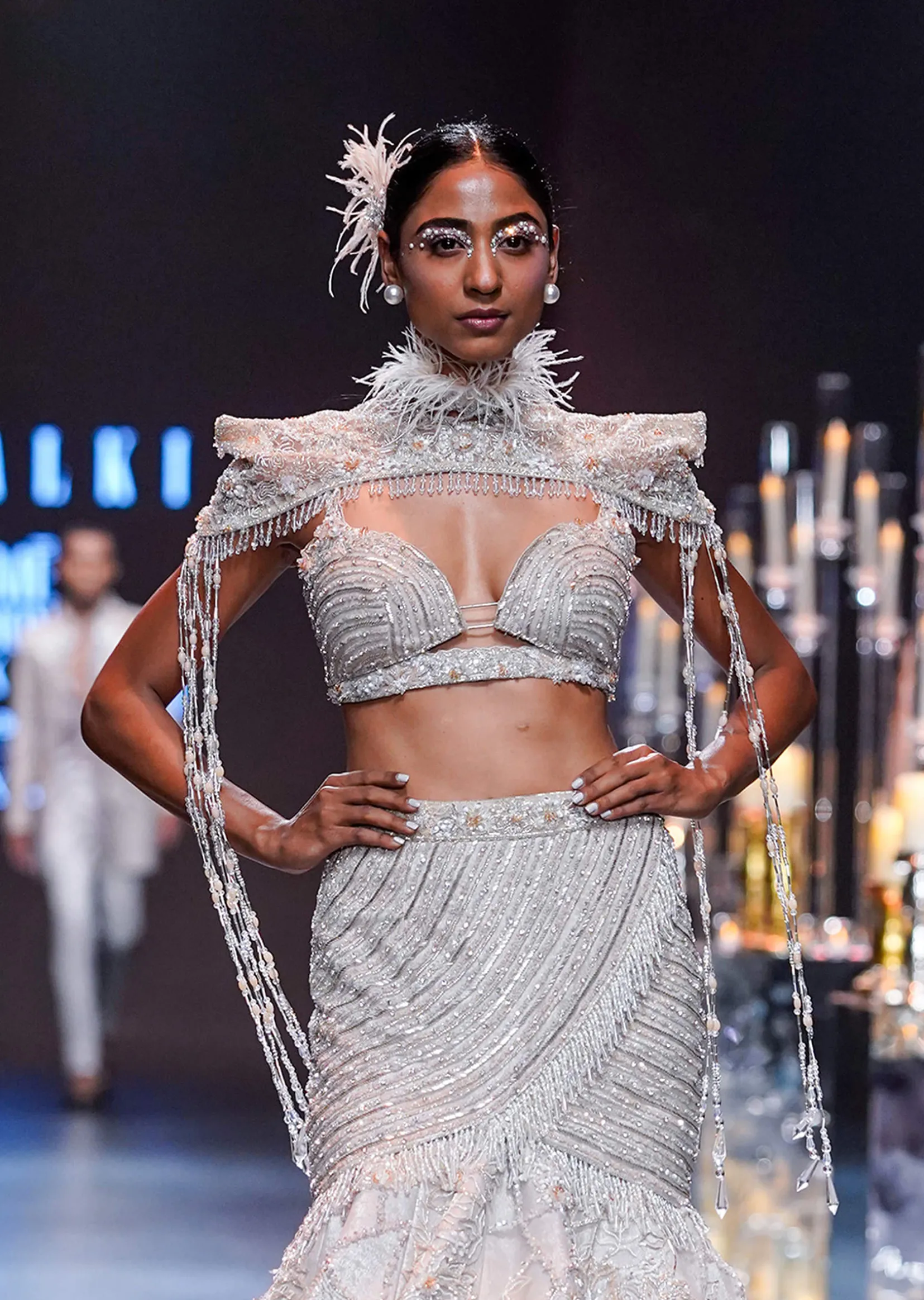 Beige Fish-Cut Lehenga And Cape Set With Crystal Tassels