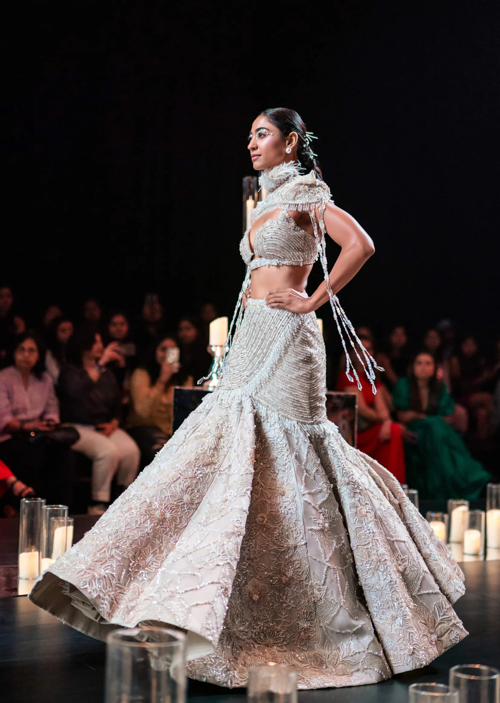 Beige Fish-Cut Lehenga And Cape Set With Crystal Tassels