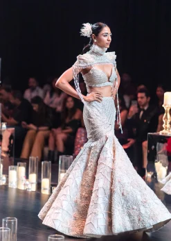 Beige Fish-Cut Lehenga And Cape Set With Crystal Tassels