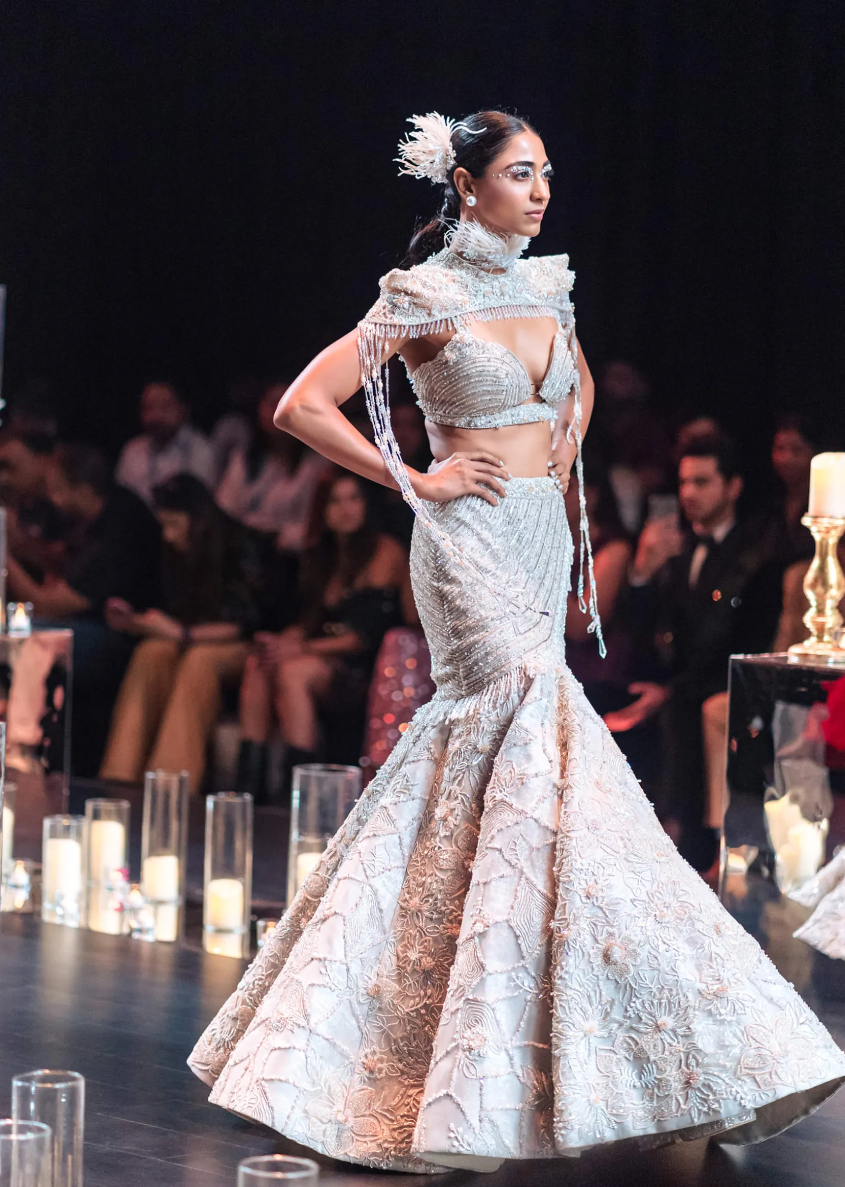 Beige Fish-Cut Lehenga And Cape Set With Crystal Tassels