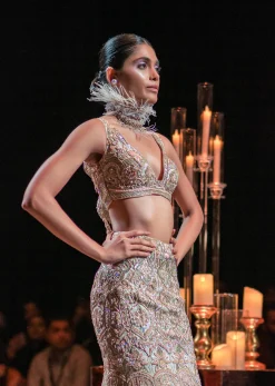Beige Fish-Cut Trail Lehenga Set With Hand Work Pearl Embroidery And 3D Floral Motifs