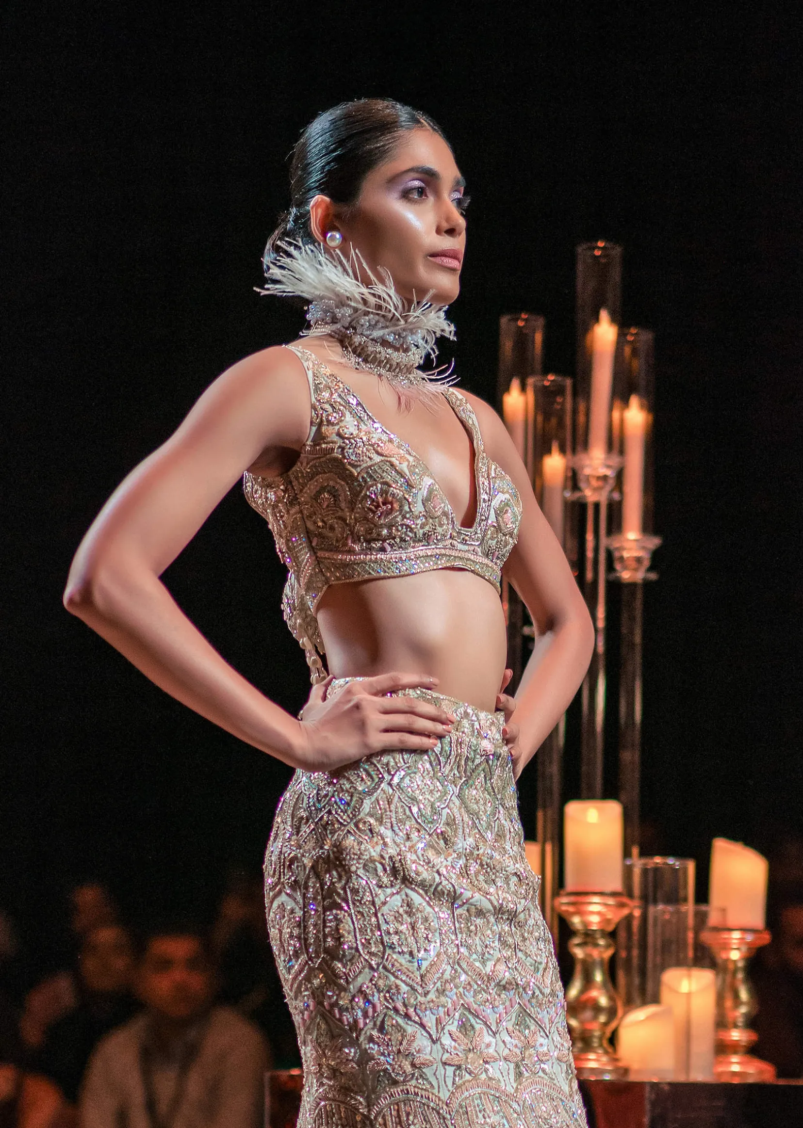 Beige Fish-Cut Trail Lehenga Set With Hand Work Pearl Embroidery And 3D Floral Motifs
