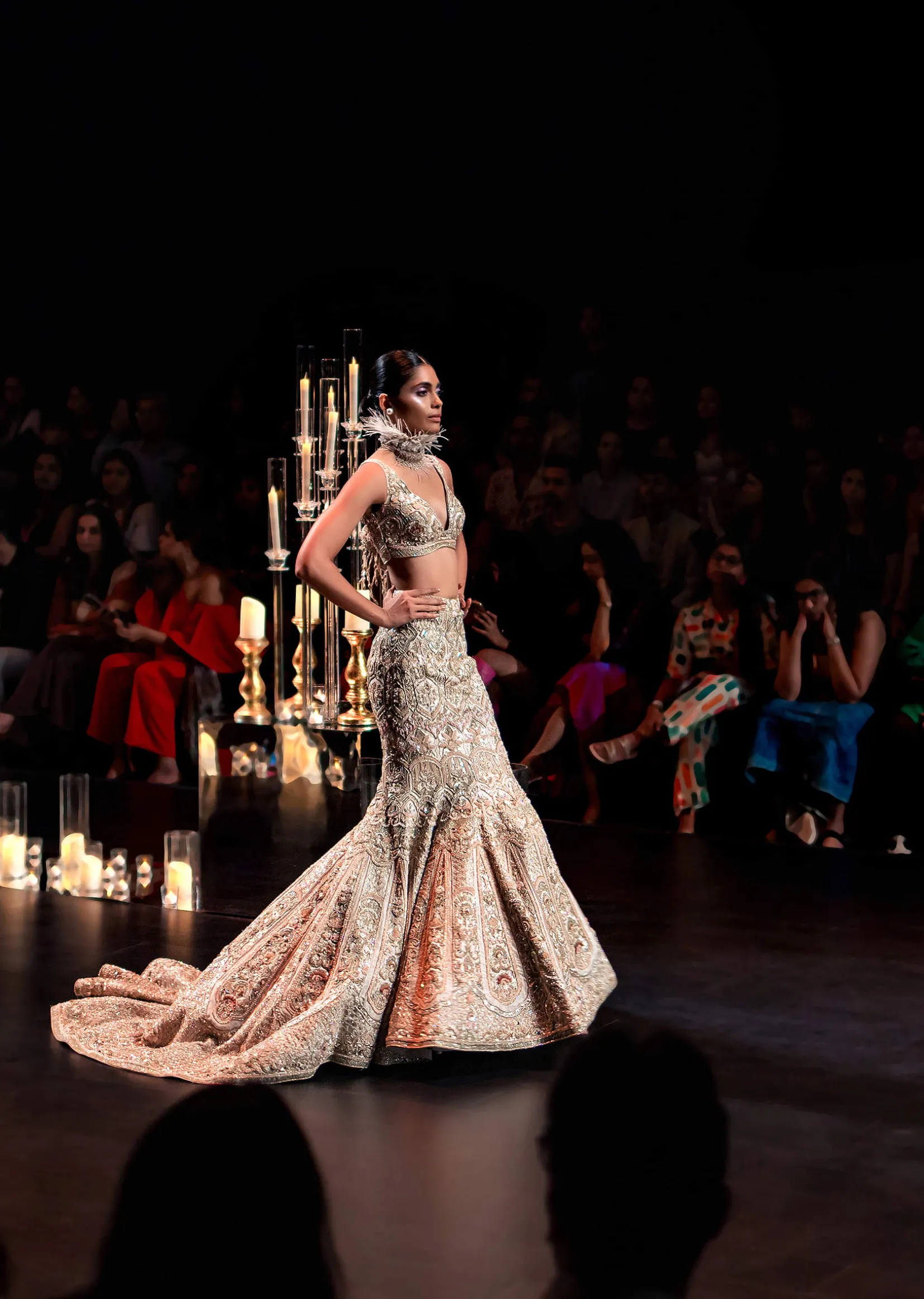 Beige Fish-Cut Trail Lehenga Set With Hand Work Pearl Embroidery And 3D Floral Motifs