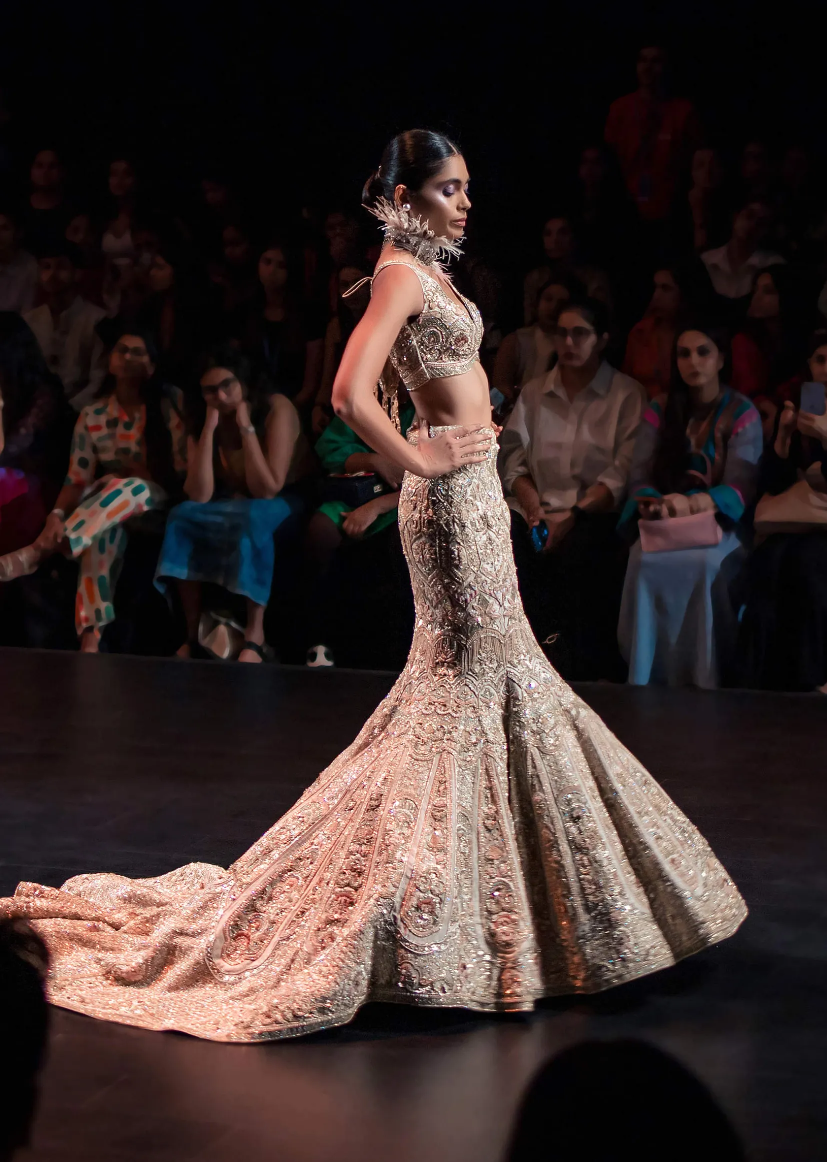 Beige Fish-Cut Trail Lehenga Set With Hand Work Pearl Embroidery And 3D Floral Motifs