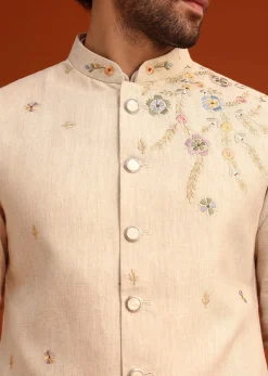 Beige Floral Hand Embroidered Kurta Jacket Set