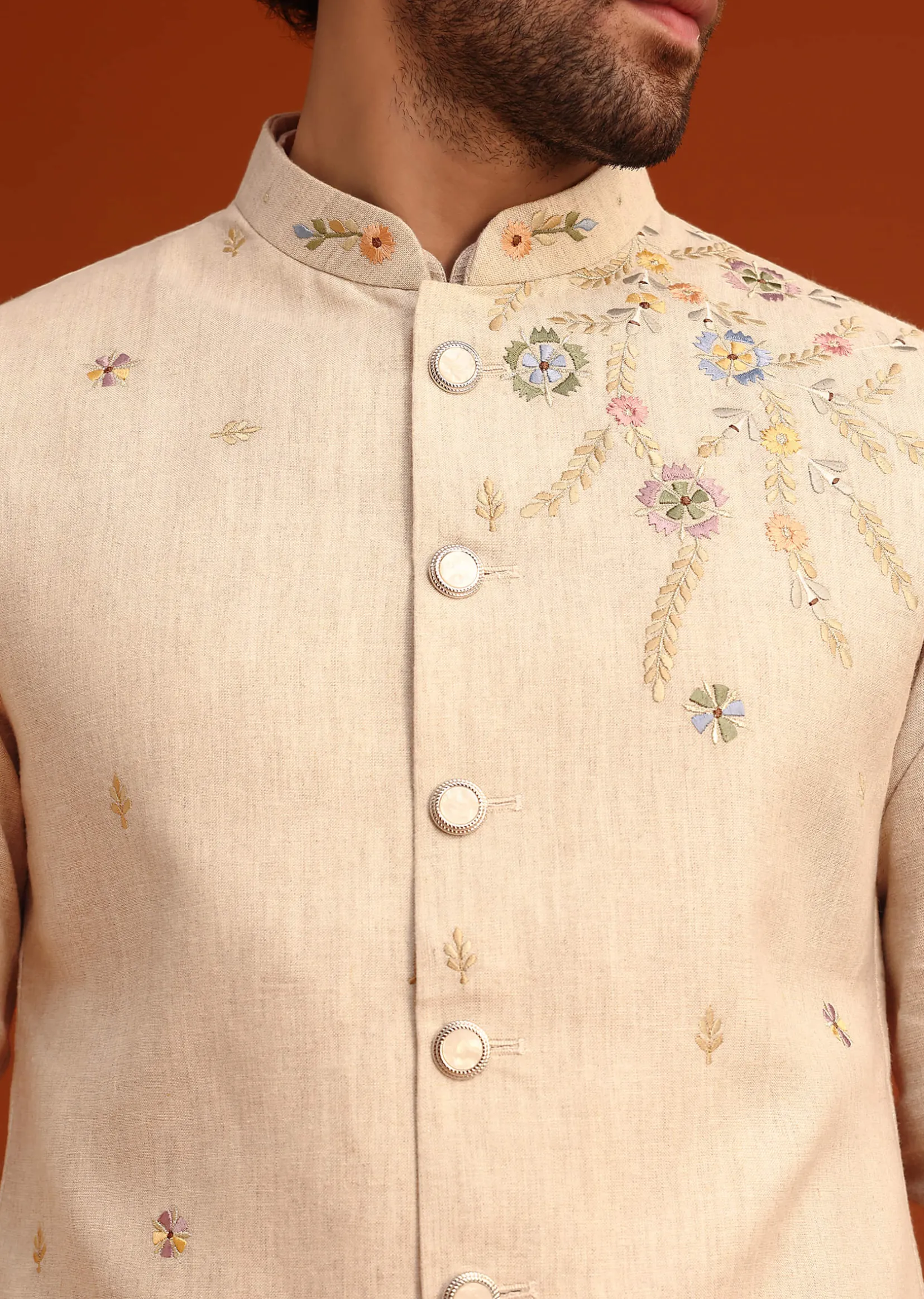 Beige Floral Hand Embroidered Kurta Jacket Set
