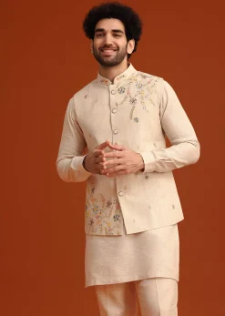 Beige Floral Hand Embroidered Kurta Jacket Set