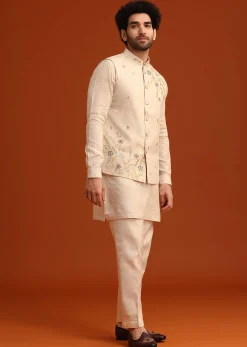 Beige Floral Hand Embroidered Kurta Jacket Set