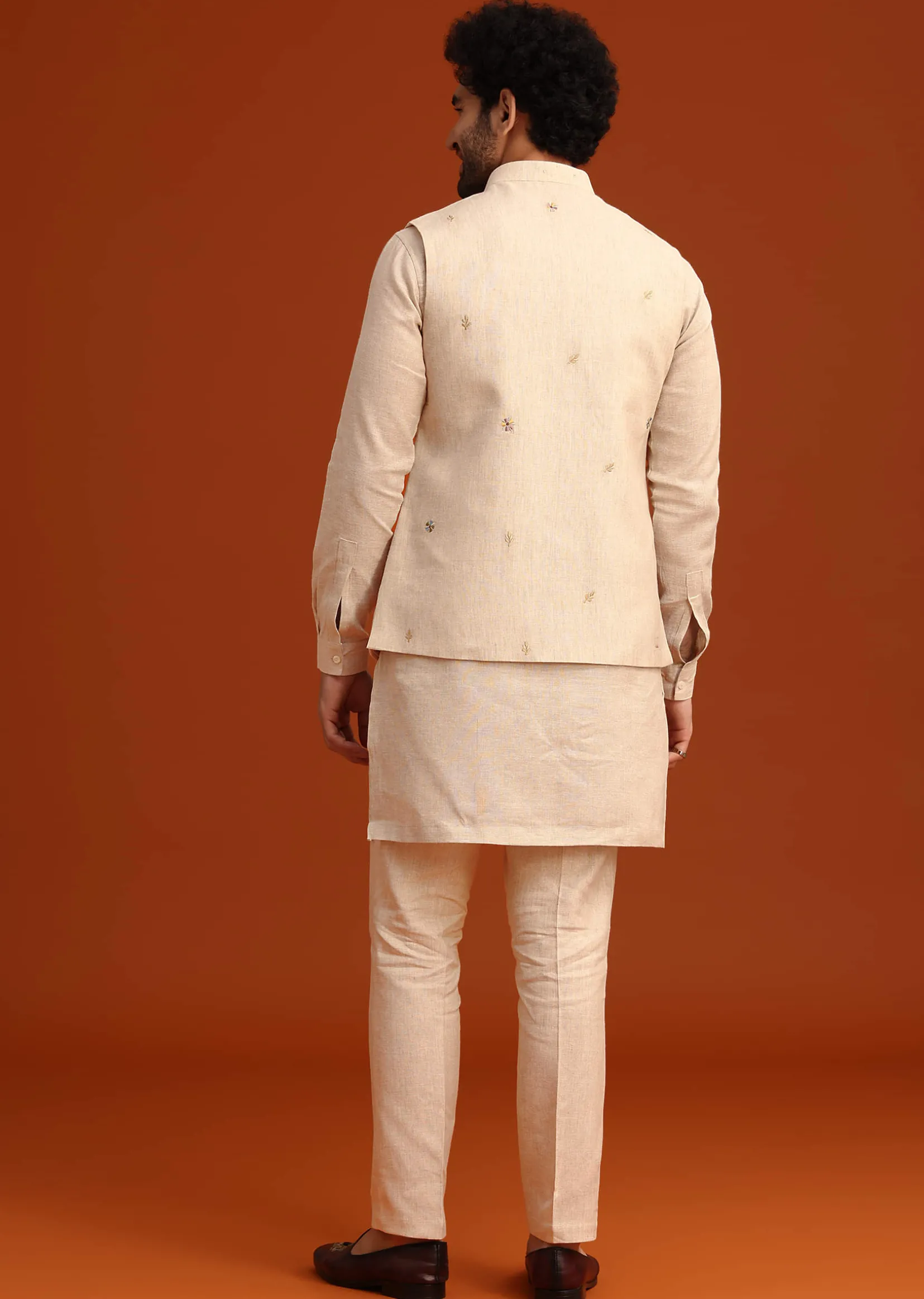 Beige Floral Hand Embroidered Kurta Jacket Set