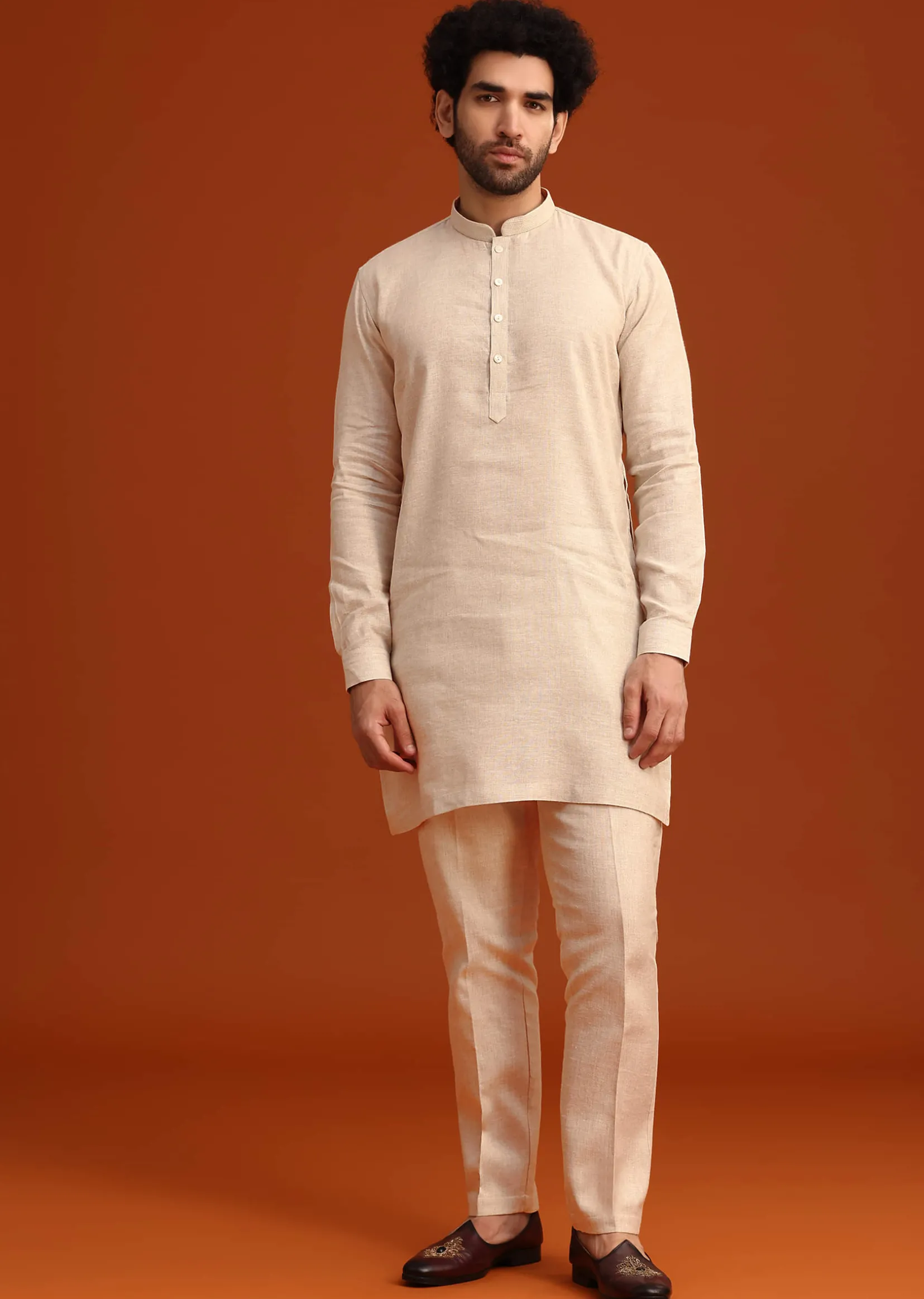Beige Floral Hand Embroidered Kurta Jacket Set