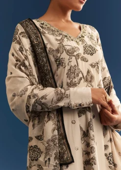 Beige Floral Printed Crepe Anarkali Set With Chinon Dupatta