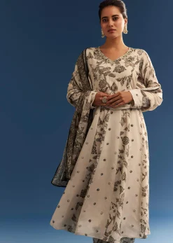 Beige Floral Printed Crepe Anarkali Set With Chinon Dupatta