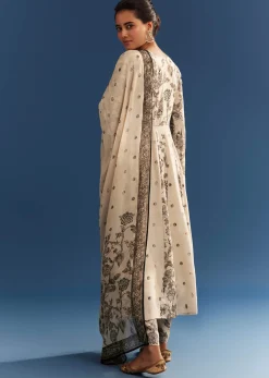 Beige Floral Printed Crepe Anarkali Set With Chinon Dupatta