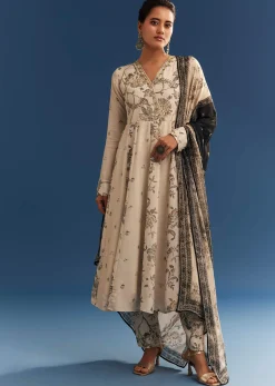 Beige Floral Printed Crepe Anarkali Set With Embroidered Neckline