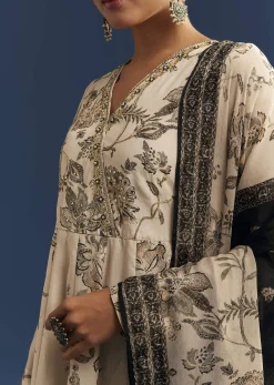 Beige Floral Printed Crepe Anarkali Set With Embroidered Neckline