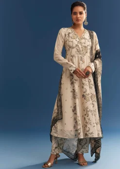 Beige Floral Printed Crepe Anarkali Set With Embroidered Neckline