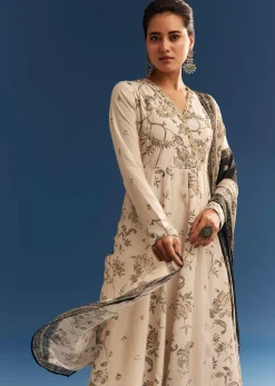 Beige Floral Printed Crepe Anarkali Set With Embroidered Neckline