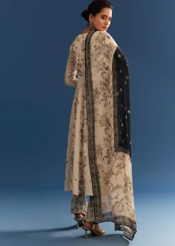 Beige Floral Printed Crepe Anarkali Set With Embroidered Neckline