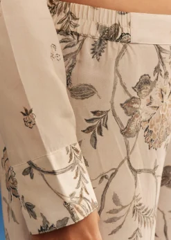 Beige Floral Printed Crepe Anarkali Set With Embroidered Neckline