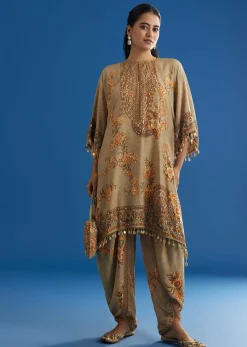 Beige Floral Printed Kaftan Dhoti Set With Shells And Metal Coin Tassels