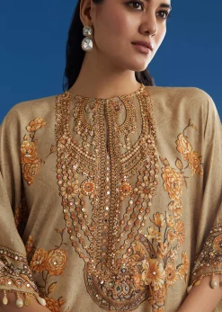 Beige Floral Printed Kaftan Dhoti Set With Shells And Metal Coin Tassels
